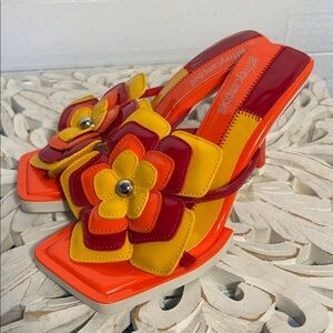 NWOT Jeffrey Campbell Bouquet heeled sandal. Orange, red and gold, women’s 6.
